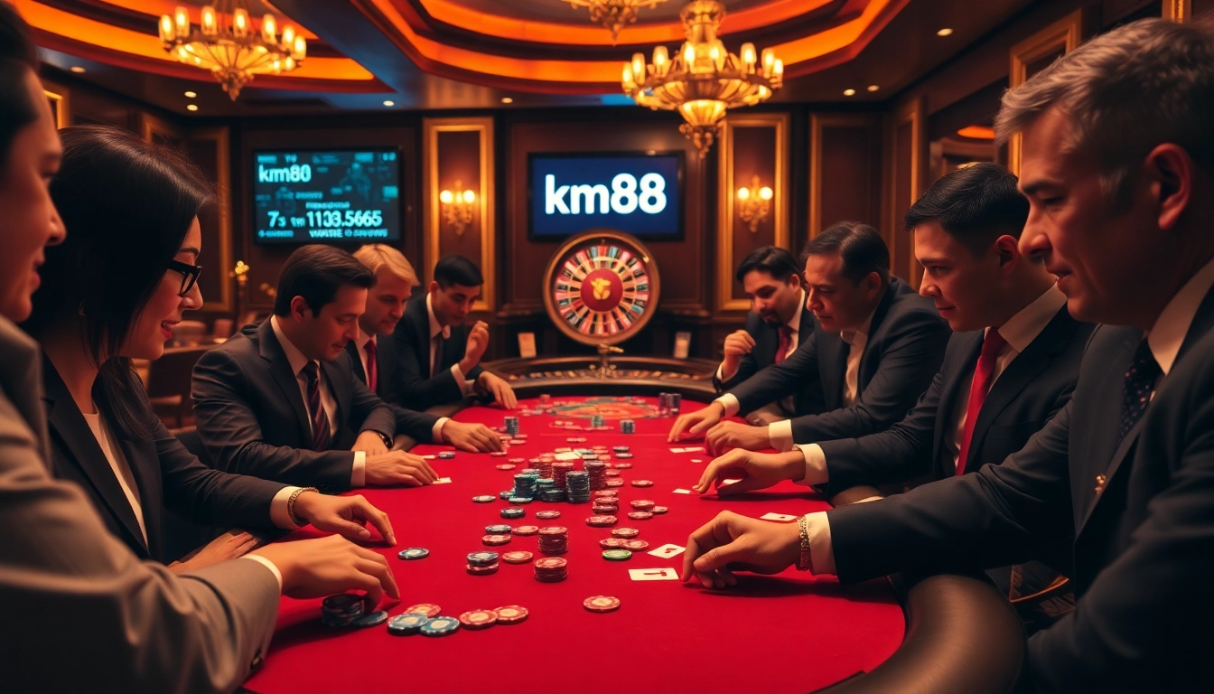 Excited players at a km88 poker table during a high-stakes game in a luxurious casino.