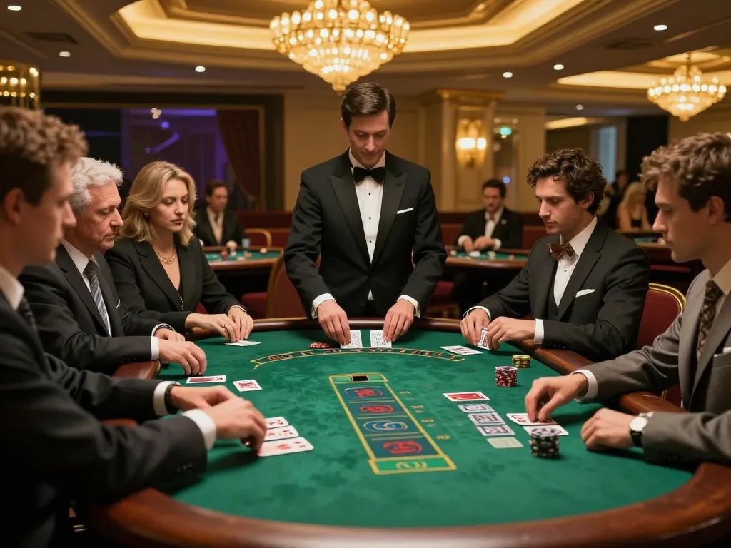 uk88 players engaging at an elegant blackjack table in a high-stakes casino atmosphere.