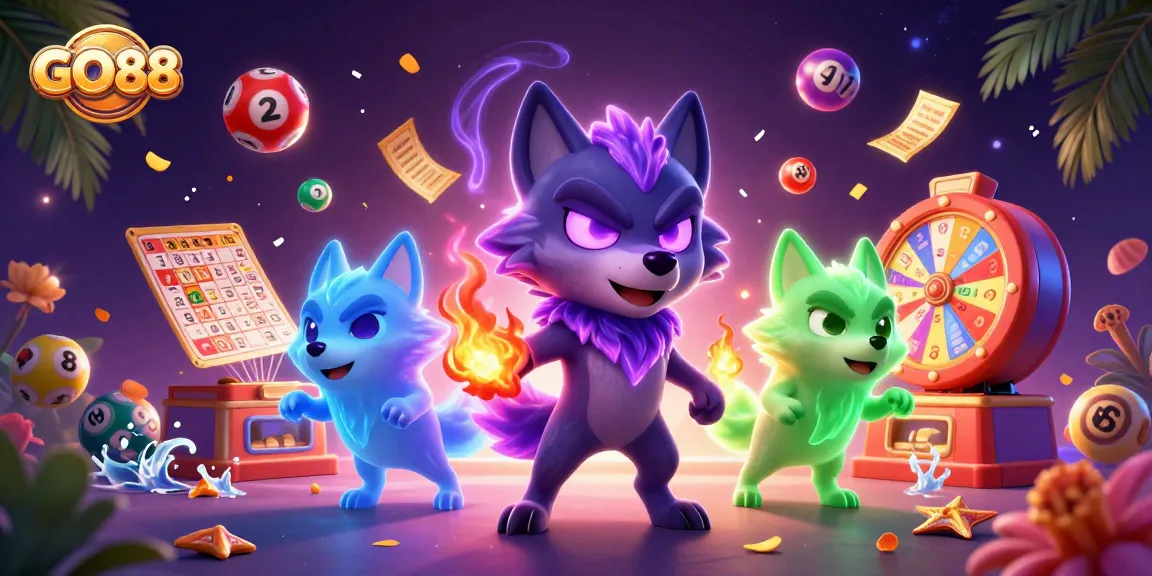 GO88 players revel in dynamic lottery excitement, surrounded by vibrant game elements.
