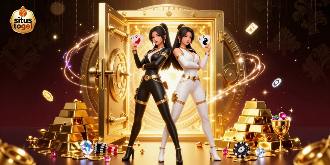 Situs togel action featuring twin Asian women with playing cards against a treasure backdrop.