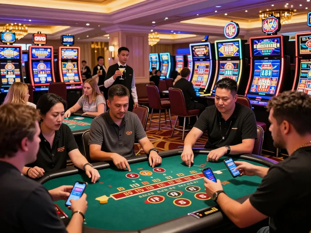 Alev Casino 804 live gaming excitement with players enjoying blackjack and slots in a vibrant casino setting.