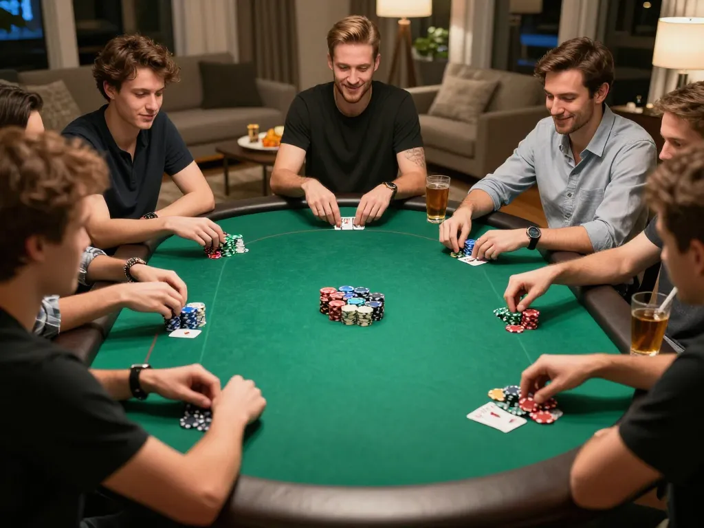 Jun88 players engaging in a friendly poker night at home, showcasing chips and cards