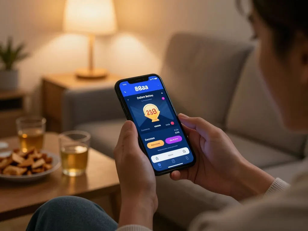 Engaging with 88aa online betting app on smartphone, showcasing responsible gaming practices in a cozy home