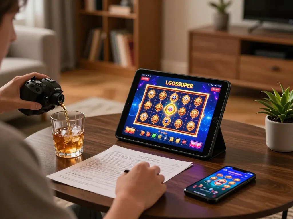 Engaged player enjoying LGOSUPER online gaming on a tablet in a cozy living room setting.