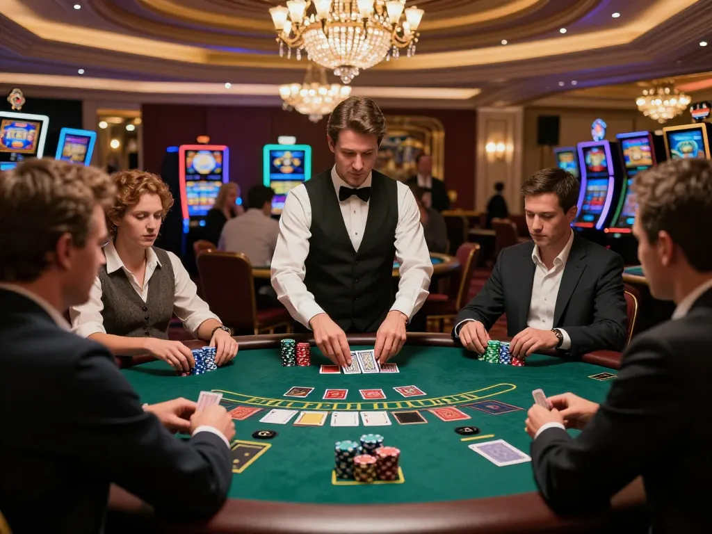 Players strategizing at the blackjack table in BCX88's elegant casino environment.