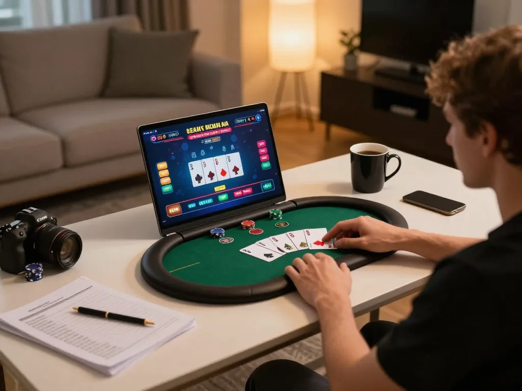 KADAL778 player strategizing in an online poker game with engaging graphics and warm ambiance