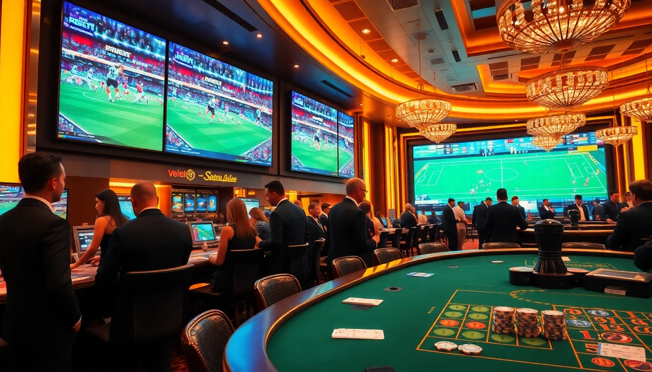 Engaging scene of kèo nhà cái betting enthusiasts at a luxurious casino sportsbook.