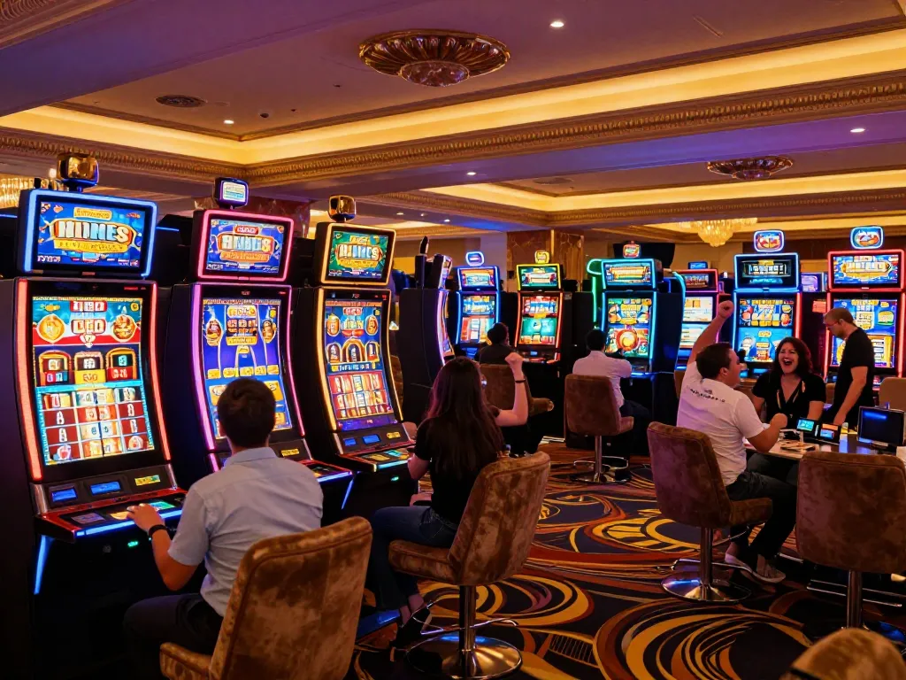 Players winning at vibrant slot machines in the upscale AF88 casino, showcasing excitement and luxury.
