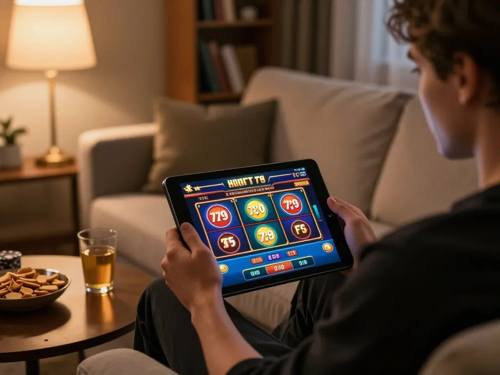 Engaging online gaming session at fun79vip with a tablet and cozy atmosphere