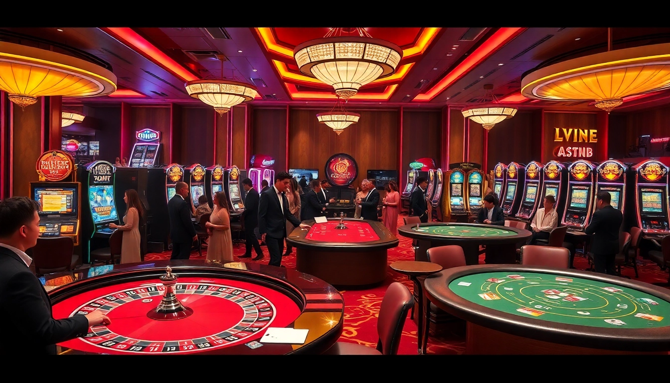 Exciting casino atmosphere featuring gambling action at https://vin88ac.com/ with roulette, poker, and slot machines.