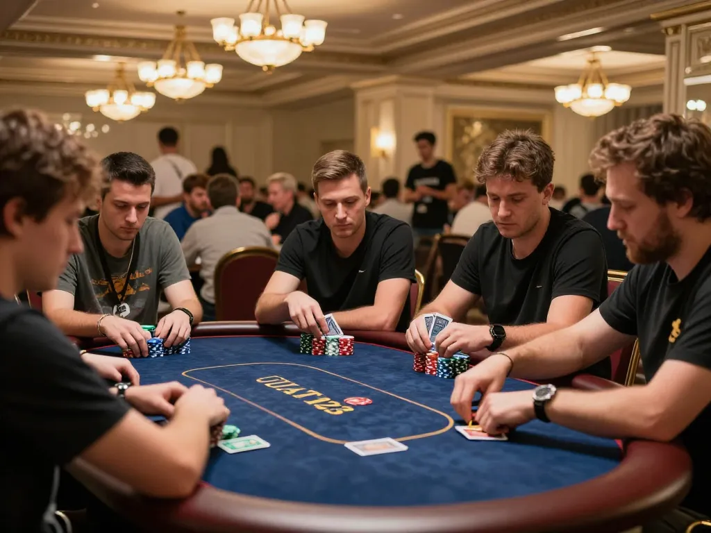 Pemain yang membuat strategi di meja poker ULAT123, menampilkan momen permainan yang intens.