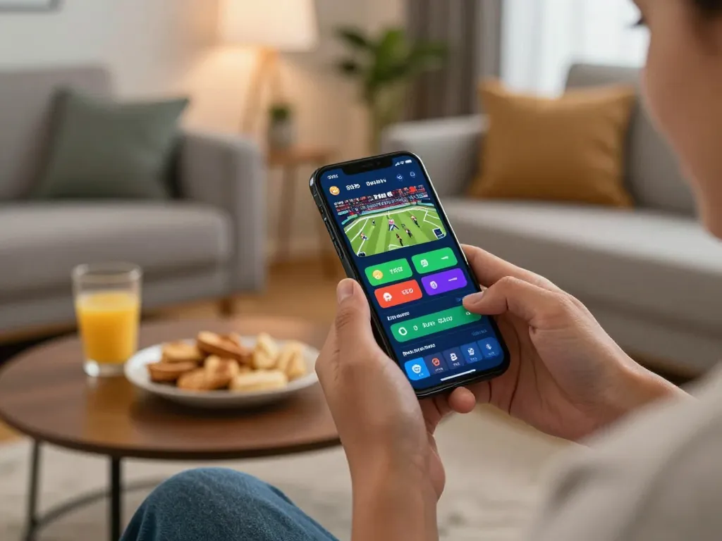 Witness thrilling betting action on 77WIN as a player engages with their mobile app from a cozy home.