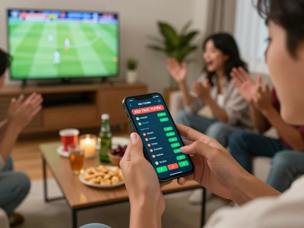 KÈO TRỰC TUYẾN betting odds displayed on smartphone during a lively home sports viewing party.