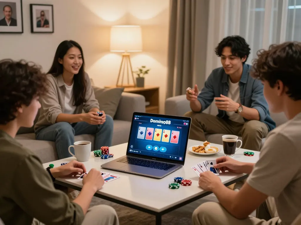 Play a thrilling game of poker online with Domino88 in a cozy living room setting, friends around table.
