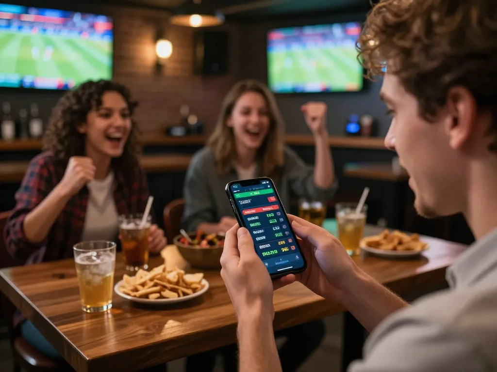 Engaging in live betting with Fun88 app in a lively home sports bar atmosphere.