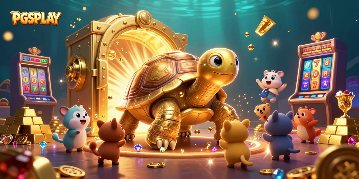 Engage with PGSPLAY's thrilling slot games as a colossal tortoise pinball machine entertains cheerful animals.