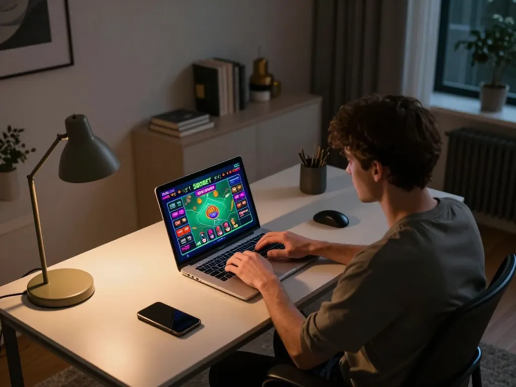 Pengalaman permainan online SBOBET di ruang kerja rumah yang nyaman dengan elemen permainan strategis.