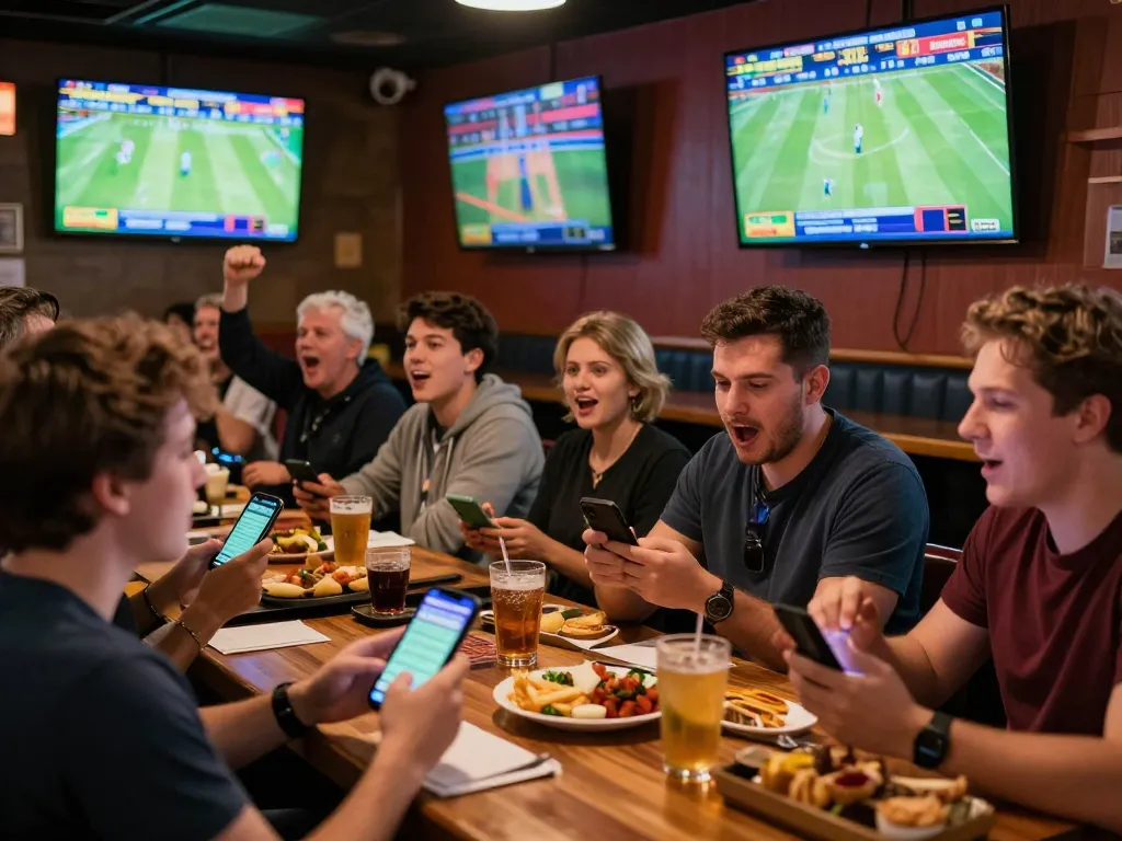 Bet on live sports at 88vv with excited fans using apps in a lively sports bar.