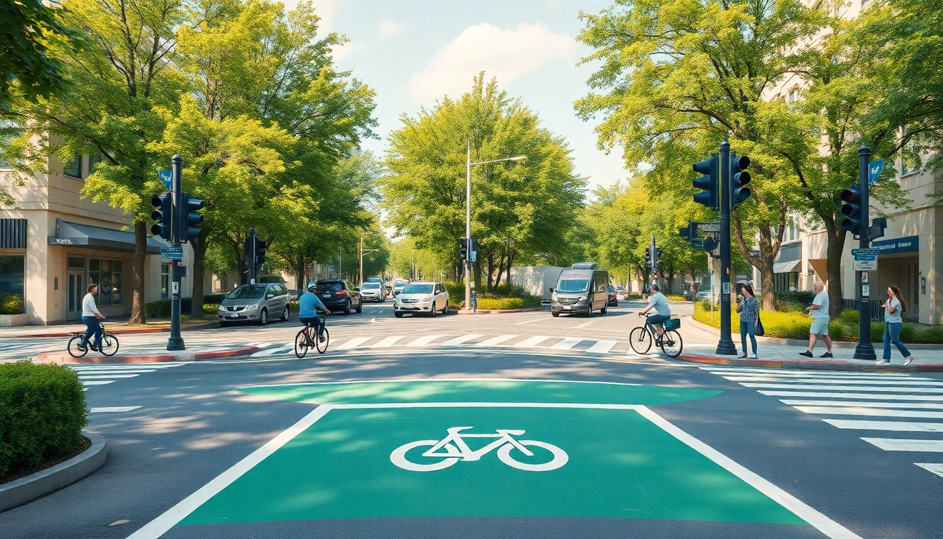 Bicycle box (IA +18) at a modern intersection with cyclists and pedestrians in a vibrant urban setting.