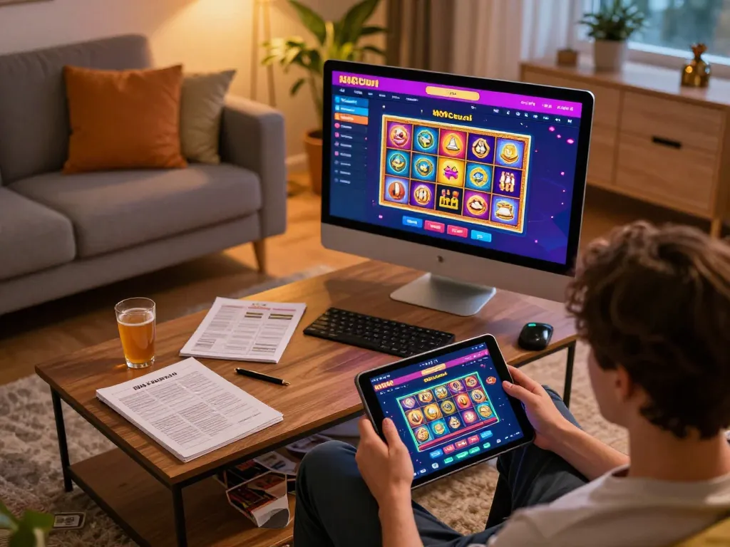 Player engaging with 100cuci online slot games on a tablet, showcasing a cozy home gaming atmosphere