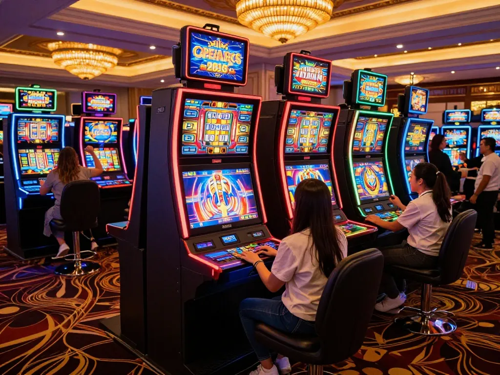 Engaged players celebrating wins on dewa slot machines in vibrant casino atmosphere.