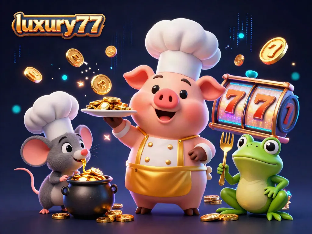 Experience winning with luxury777, a captivating illustration showcasing dynamic slot reels, vibrant characters, and golden prizes.