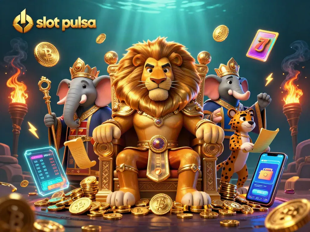 Engage in slot pulsa with vibrant 3D casino characters amidst glowing coins and jackpot reels.