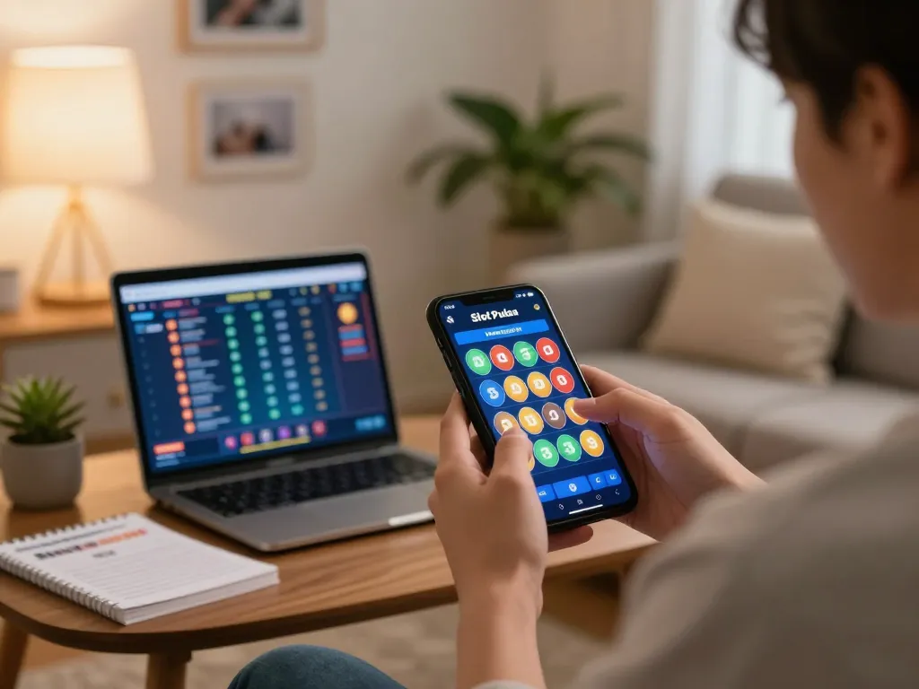 Engaging in Slot Pulsa gameplay on a mobile device in a cozy home environment, showcasing strategic gaming.