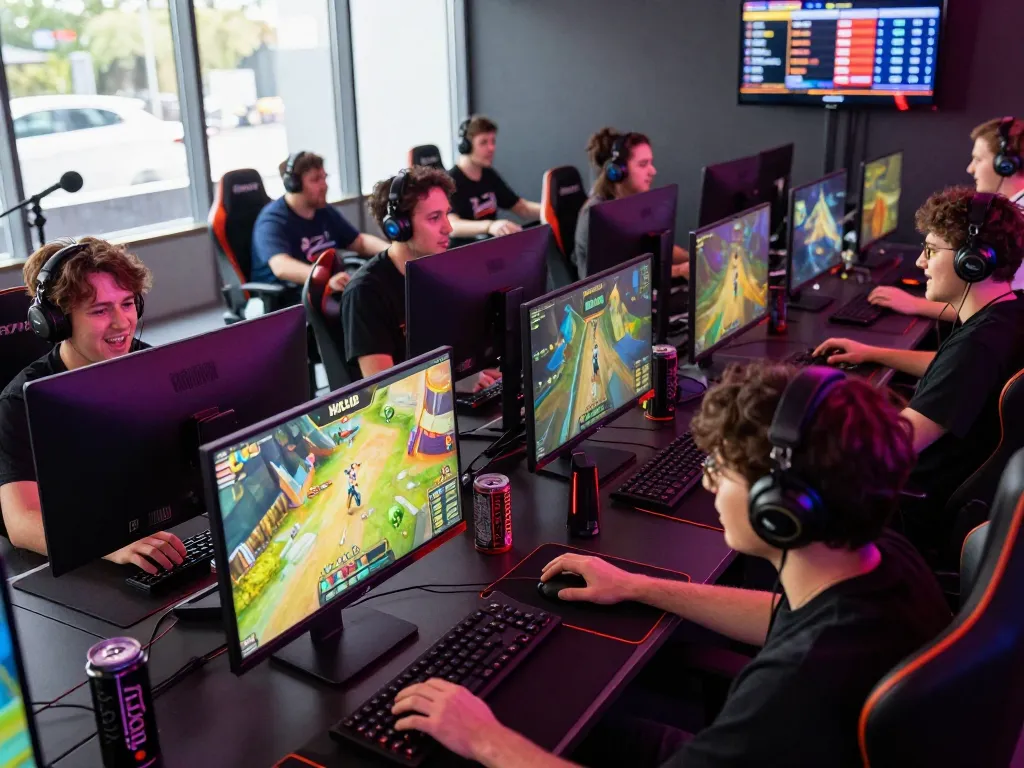 Engaged gamers enjoying HITCLUB games in a vibrant tech-savvy environment, showcasing excitement and competitive spirit.