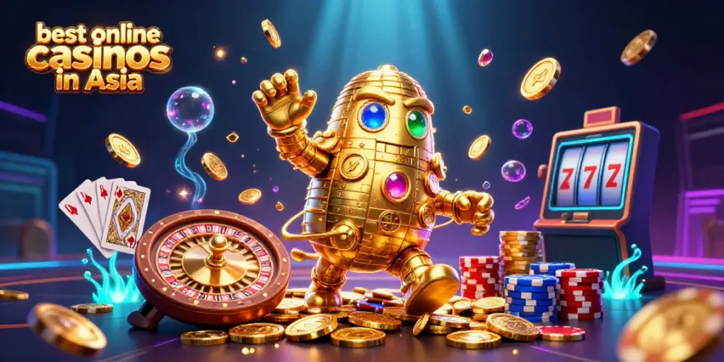 Experience the thrill at the best online casinos in Asia with vibrant 3D illustrations of games and lucky symbols.