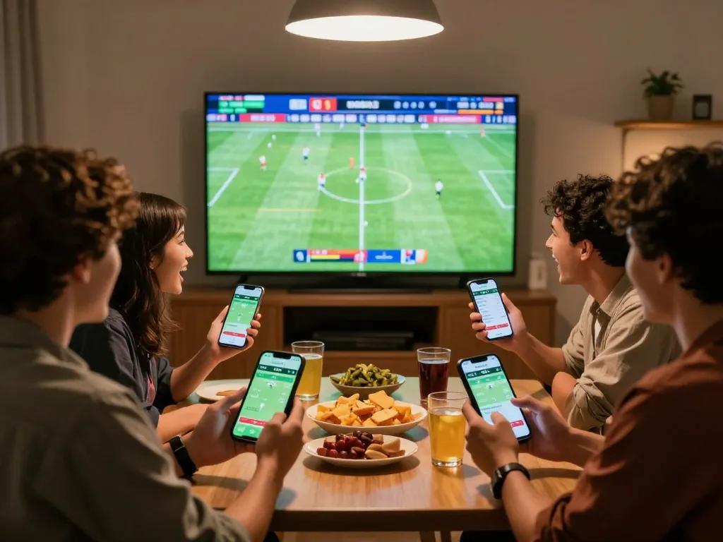 Friends excitedly using the soi kèo app for real-time sports betting during a thrilling match at home.