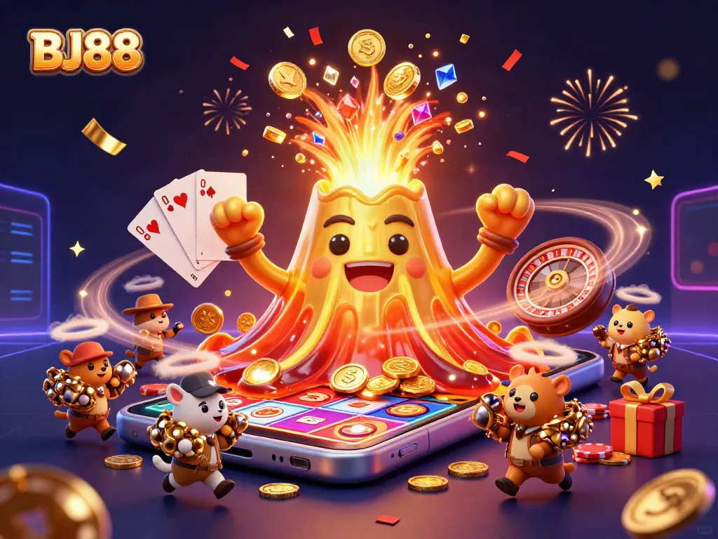 BJ88 features an exhilarating 3D cartoon scene with a golden volcano erupting treasure and lucky gaming elements.