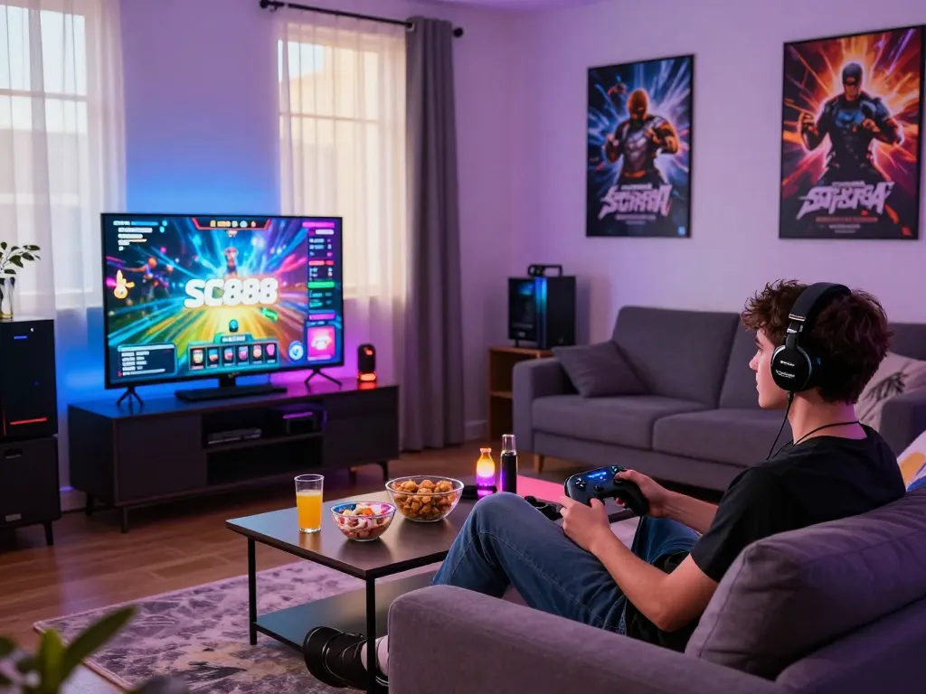 Engaging gaming experience at home with SC888 setup showcasing vibrant atmosphere and accessories