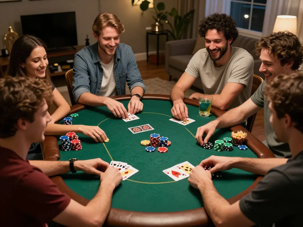 Friends enjoying a competitive poker night at home, focusing on may88 strategy and gameplay.