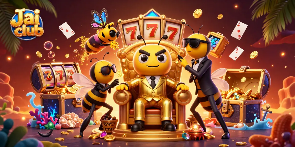 Engage with Jai club's vibrant casino world featuring a bumblebee mob boss and slot reels.