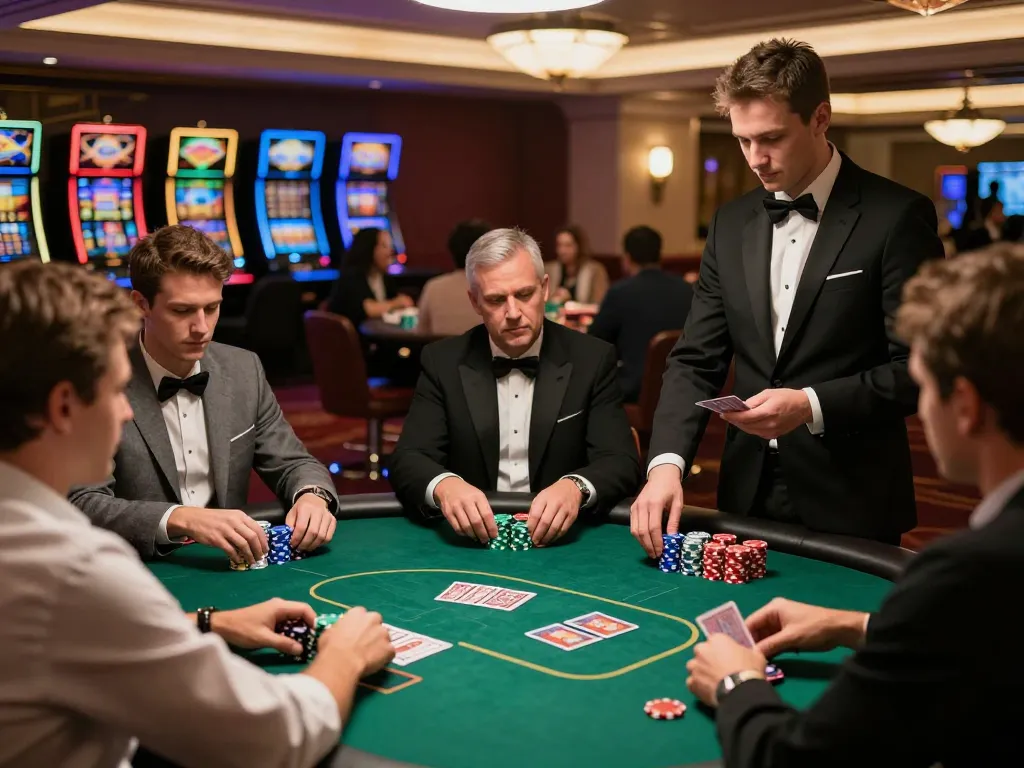 The debet poker game showcases players strategizing with chips and cards in a luxurious casino setting.