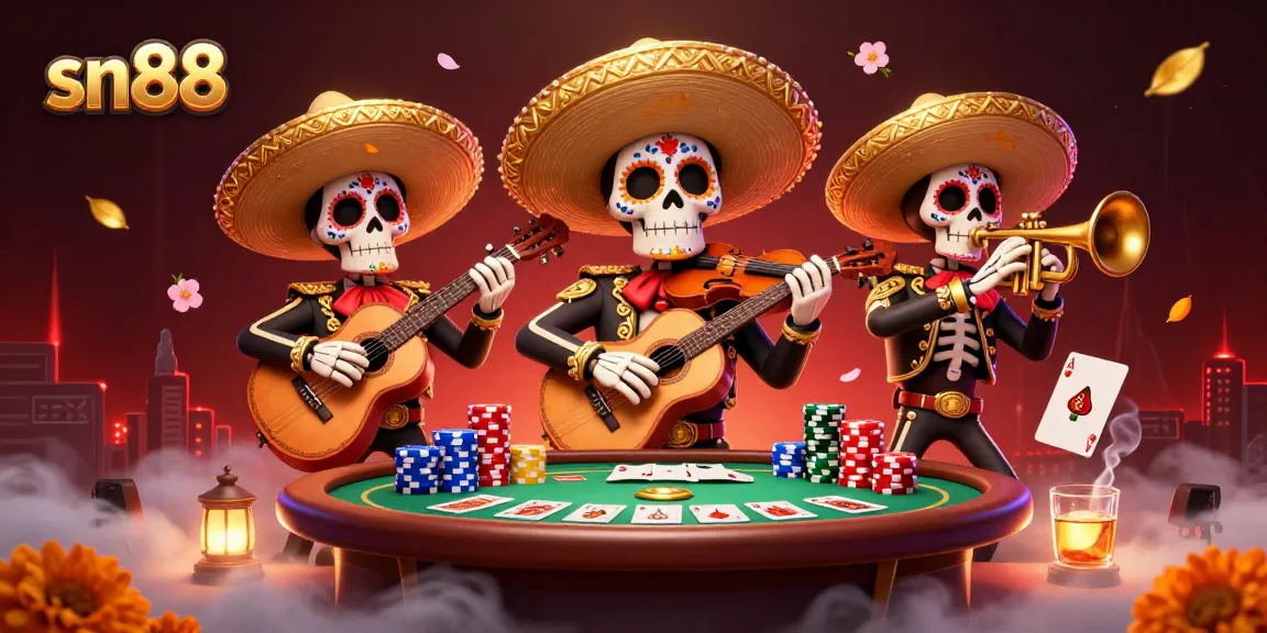 Engage with sn88 at the poker table as vibrant skeleton musicians celebrate winnings with colorful visuals.