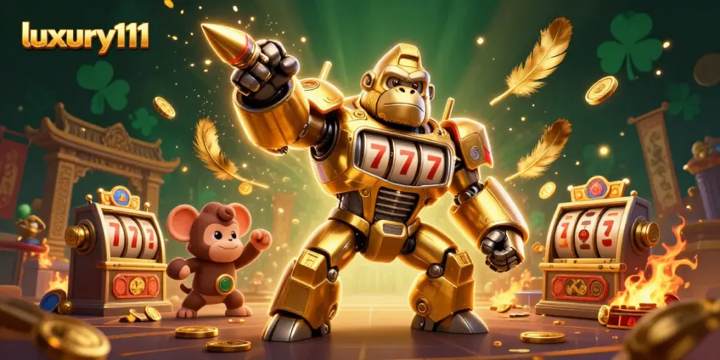 Experience exhilarating gameplay with luxury111 in this thrilling 3D casino illustration featuring a golden gorilla mech.