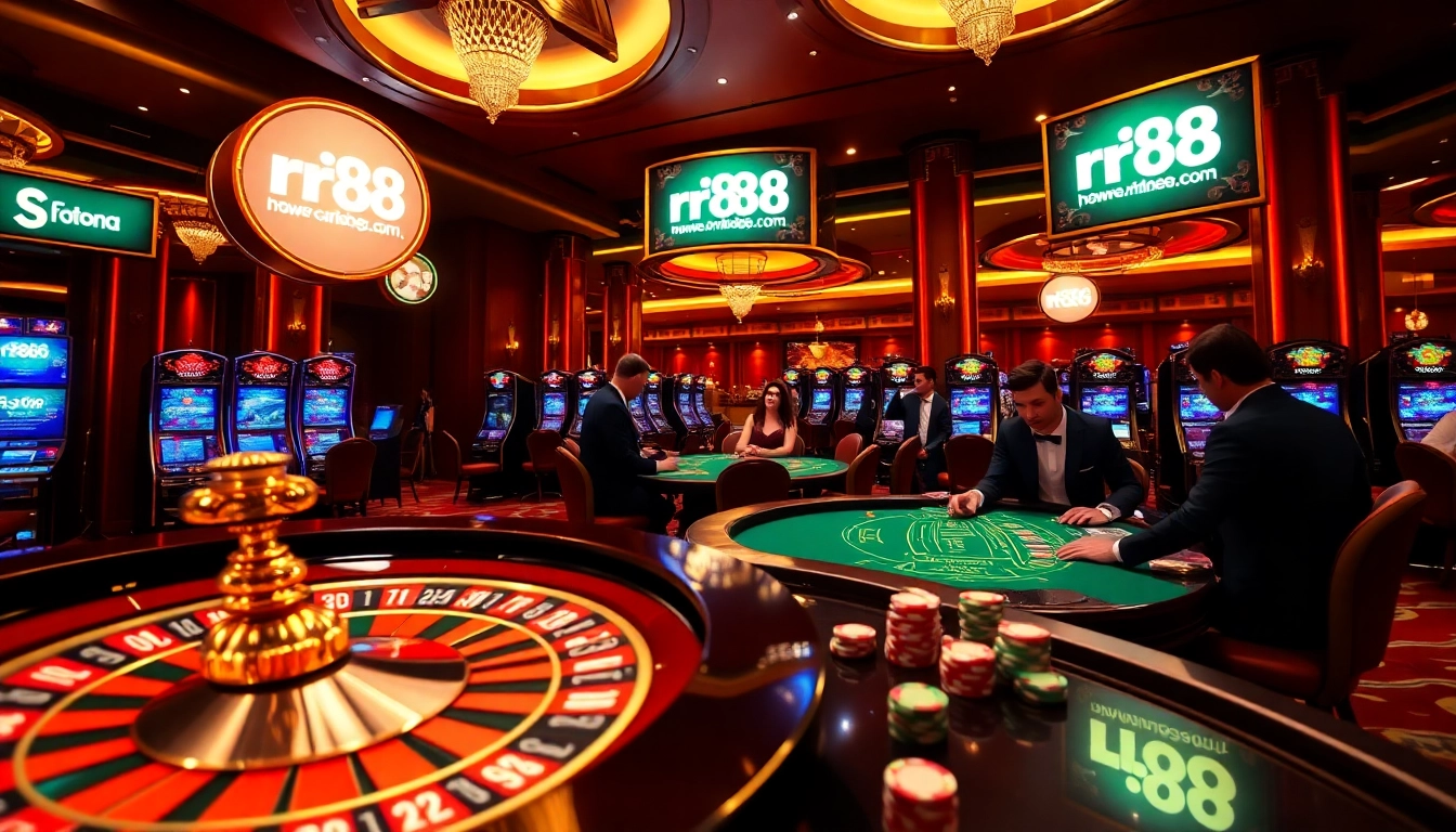 Experience thrilling games at rr88.com with luxurious casino visuals of poker, roulette, and slot machines.