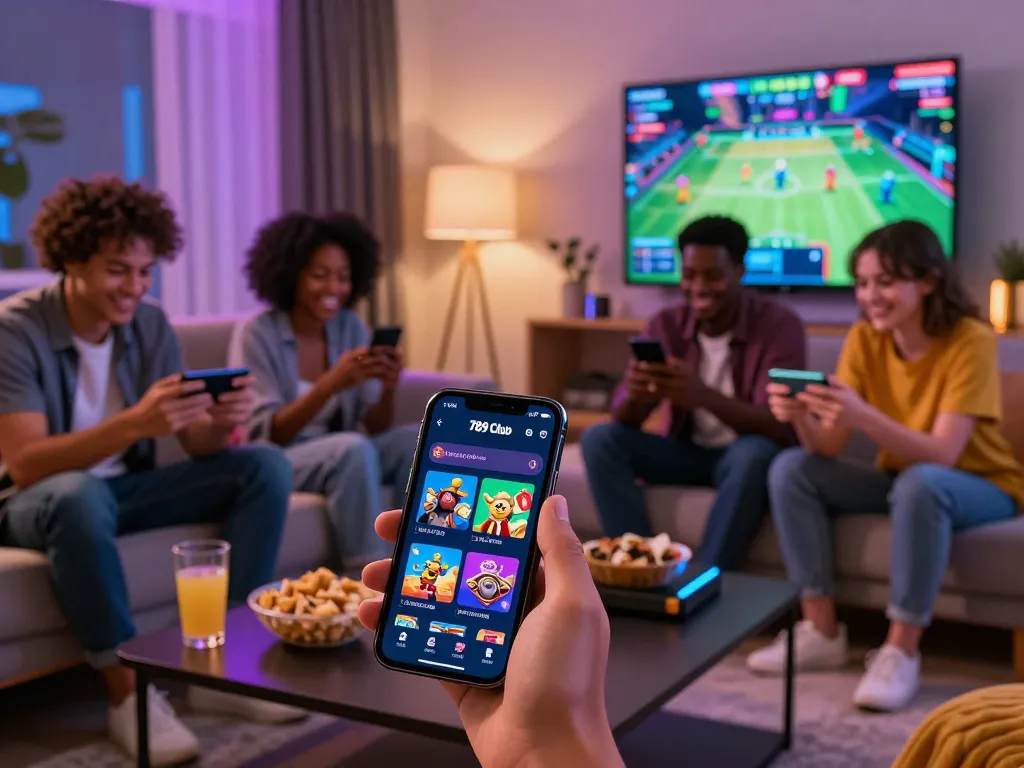 Explore the excitement of tải 789 club in a dynamic gaming scene with friends enjoying the app in a cozy living room.