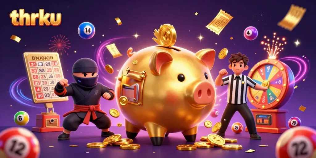 Engage with thrilling thrku games through dynamic cartoon illustration featuring a golden piggy bank sumo wrestler.