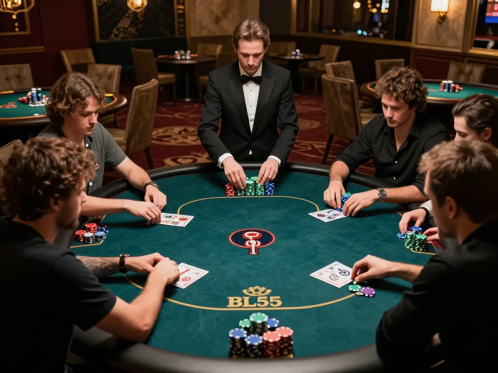 Players engaging in strategic poker at BL555 casino with elegant atmosphere and rich decor.