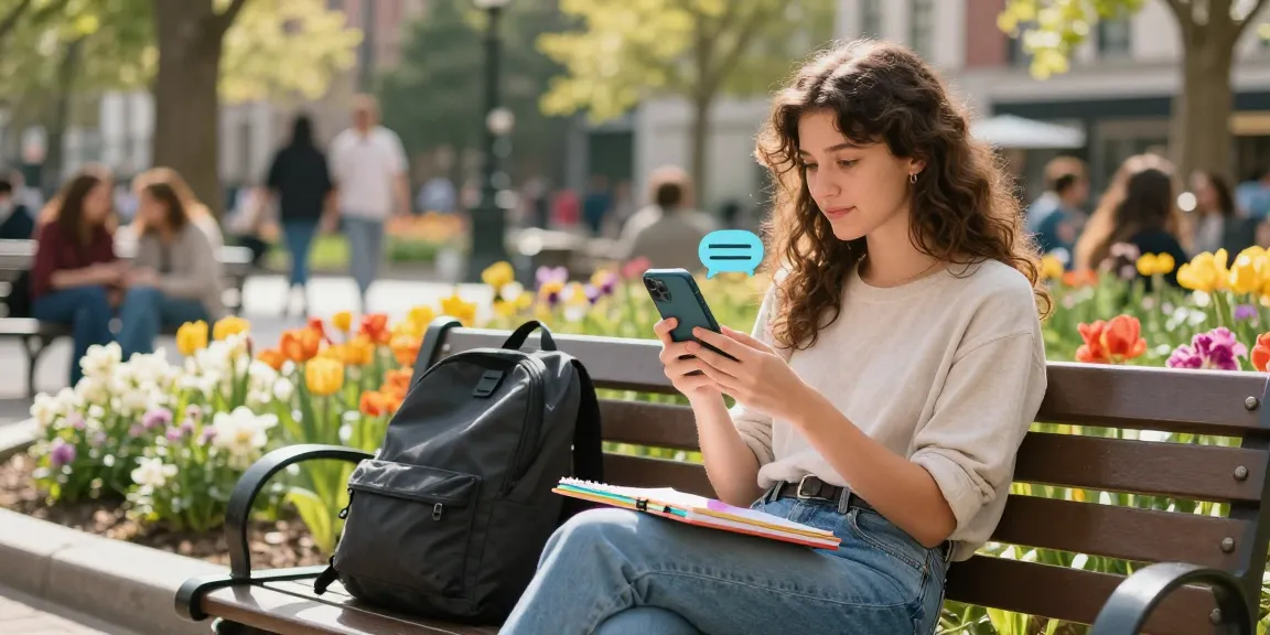 Engaging scene of a young woman interacting with her AI girlfriend on a smartphone in a vibrant park.