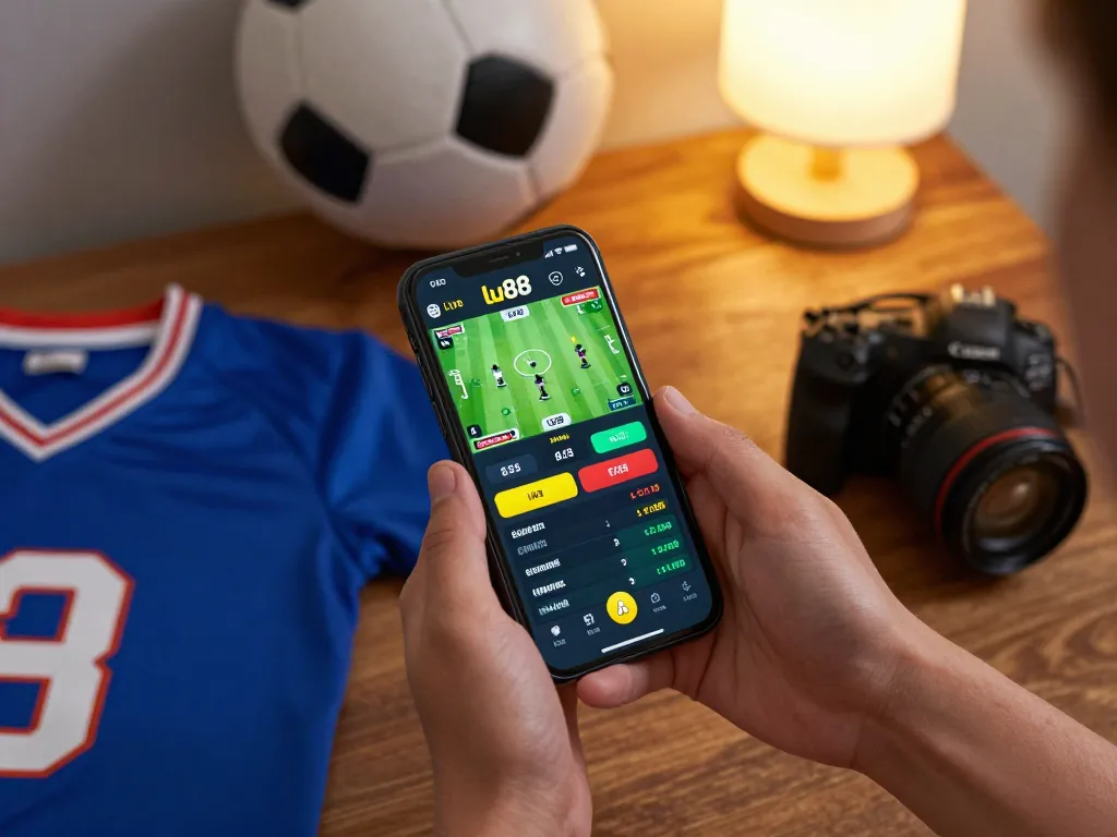 Engaging scene of sports betting via the lu88 app on a smartphone, reflecting excitement and strategy in a cozy setting.