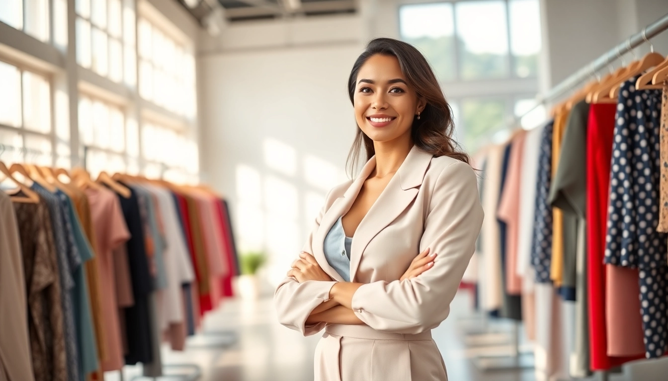 Professional woman showcasing trendy fashion as a Women’s Clothing Manufacturer in a bright showroom.