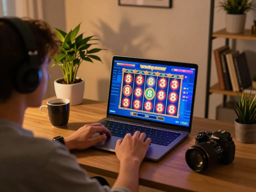 spinadvisor engaging in online slot games with vibrant graphics at cozy home desk setup