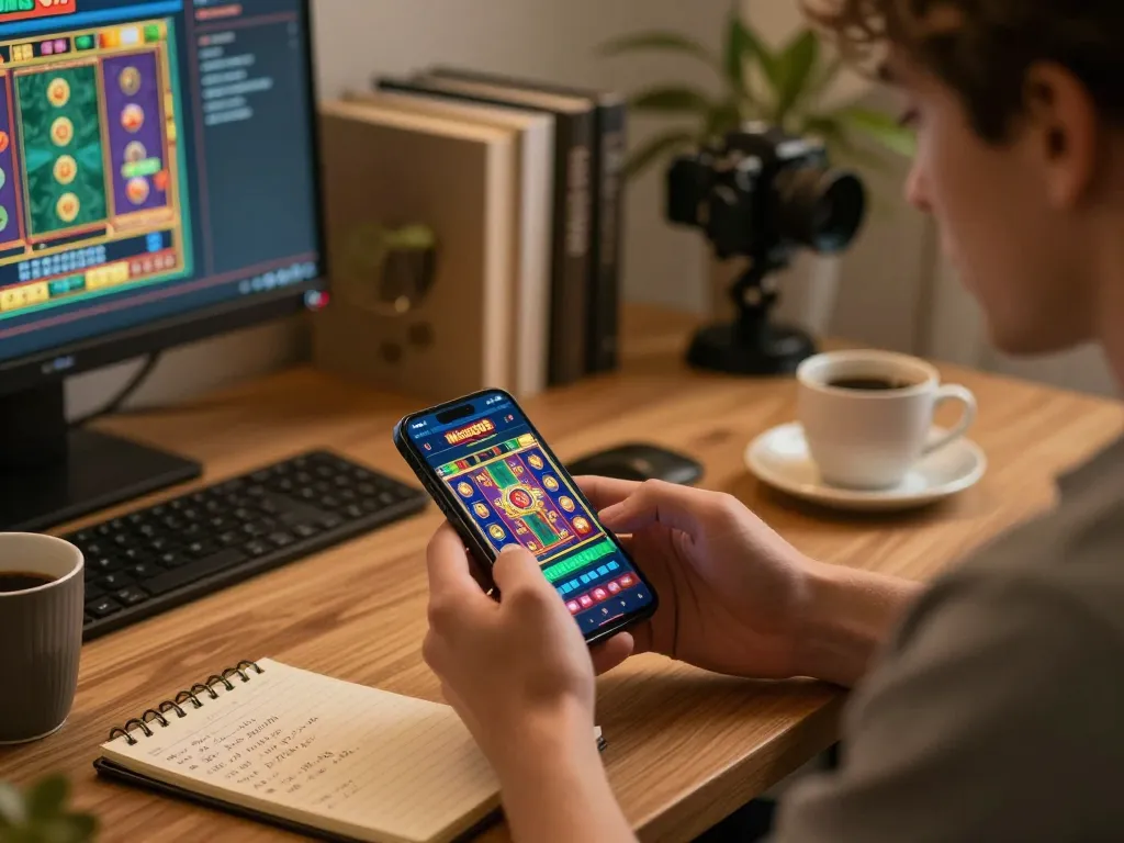 Mega888 Official app gameplay displayed on smartphone in a cozy home office setting, showcasing user engagement.
