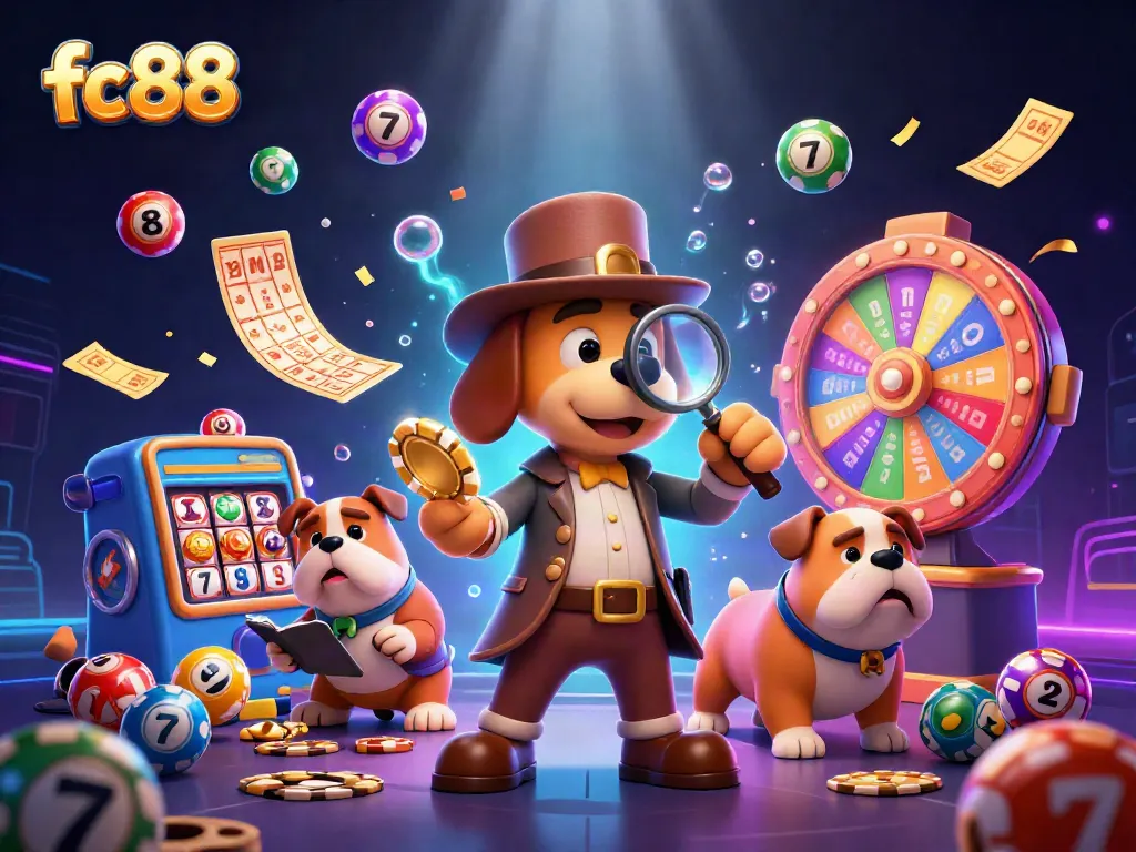 Engage with fc88 casino through thrilling illustrations of slot games and vibrant lottery elements.