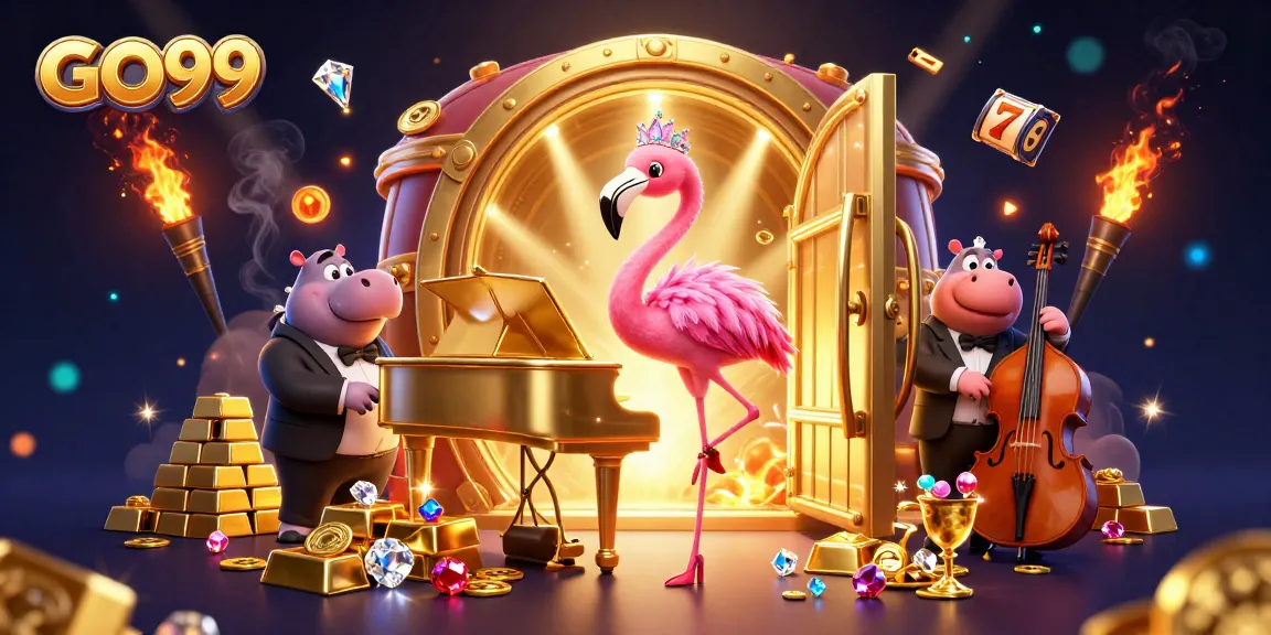 GO99 casino illustration featuring a flamingo singer and hippo bassist amidst gold treasures and slot reels
