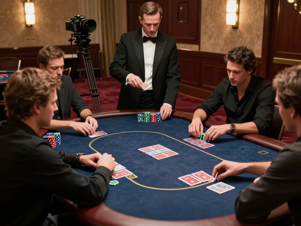 LLWIN poker game in upscale casino showcasing engaged players and dynamic dealer, high-stakes atmosphere